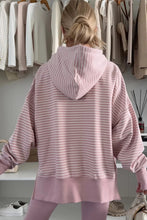 Load image into Gallery viewer, Striped Thumbhole Side Slits Drop Shoulder Loose Fit Hoodie
