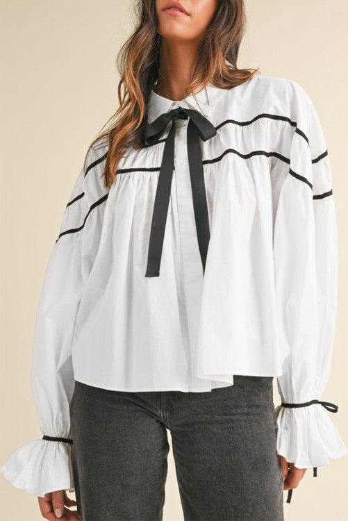 Black Pipping Ribbon Bowtie Collared Ruffled Puff Sleeve Shirt