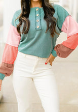 Load image into Gallery viewer, Twisted Ribbed Knit Colorblock Henley Top
