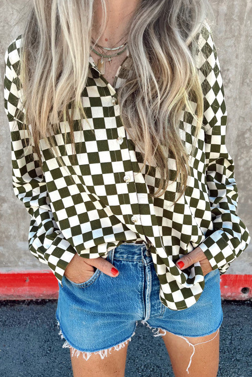 Checkerboard Drop Shoulder Loose Casual Shirt