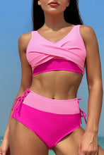 Load image into Gallery viewer, Colorblock Crossed Lace up High Waist Bikini
