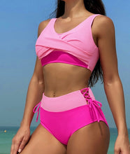 Load image into Gallery viewer, Colorblock Crossed Lace up High Waist Bikini
