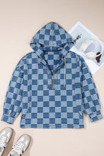 Load image into Gallery viewer, Checkerboard Zipped Neck Kangaroo Pocket Denim Hoodie
