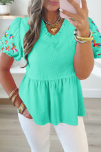 Load image into Gallery viewer, Frilled V Neck Flower Embroidered Puff Sleeve Textured Blouse
