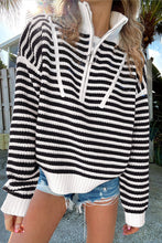 Load image into Gallery viewer, Stripe Zip up Collar Drop Shoulder Sweater
