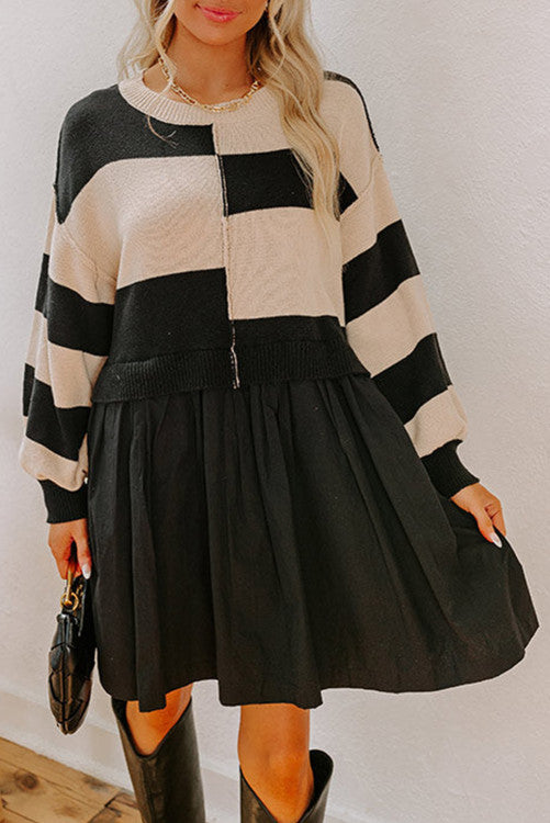 Stripe Two in One Knitted Top High Waist Splicing Hem Sweater Dress