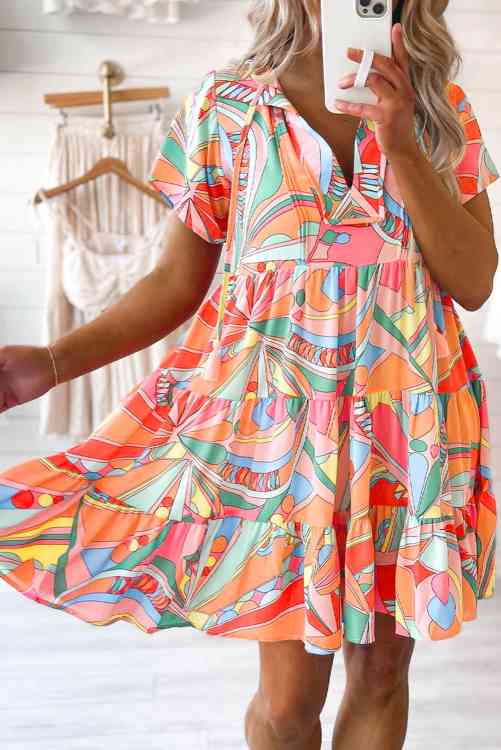 Geometric Print Tassel Tie Flared Dress