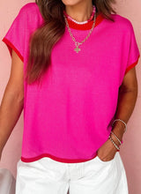Load image into Gallery viewer, Contrast Trim Round Neck Short Sleeve Loose Knit Sweater
