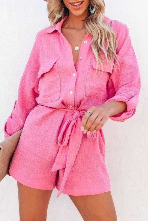 Rose Roll Tab Sleeve Button up Belted Romper