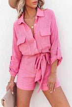 Load image into Gallery viewer, Rose Roll Tab Sleeve Button up Belted Romper
