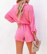 Load image into Gallery viewer, Rose Roll Tab Sleeve Button up Belted Romper
