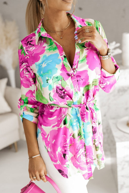 Floral Print Roll Tab Sleeve Tunic Shirt