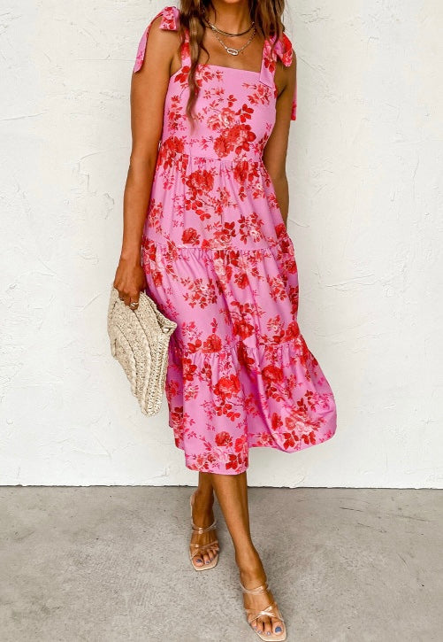 Tie Shoulder Straps Tiered Floral Dress