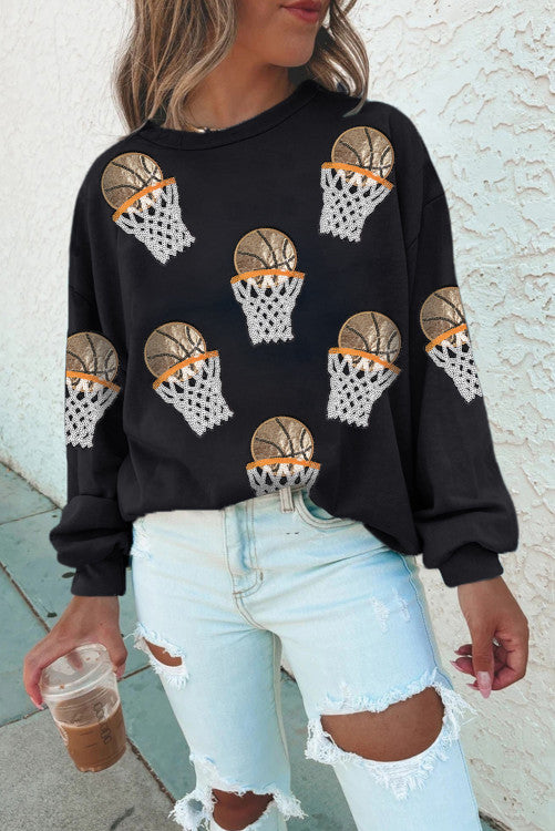 Basketball Patched Game Day Crew Neck Graphic Sweatshirt
