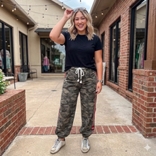 Load image into Gallery viewer, Camouflage Print Striped Side Panel Patchwork Drawstring Pants

