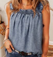 Load image into Gallery viewer, Ruffled Shirred Neckline Sleeveless Denim Tank Top
