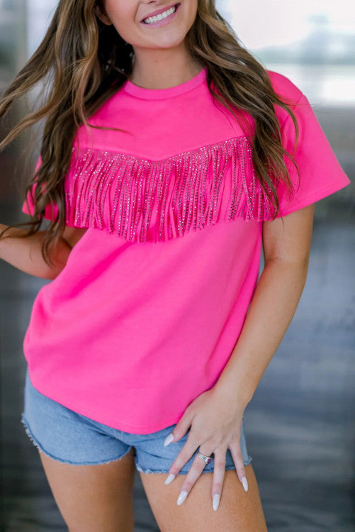 Hot pink rhinestone fringe top