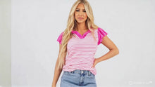Load and play video in Gallery viewer, Stripe Ruffled V Neck Cap Puff Sleeve Top
