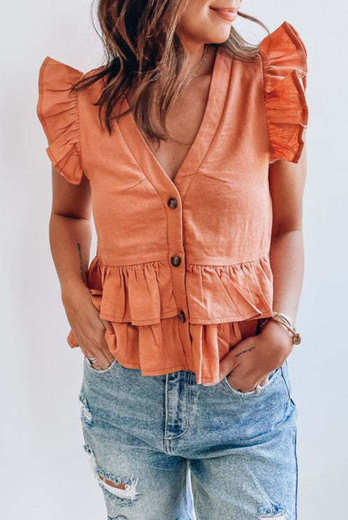 Tiered Ruffle Buttoned V Neck Top