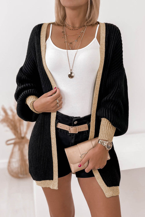 Contrast Trim Open Front Lantern Sleeve Cardigan