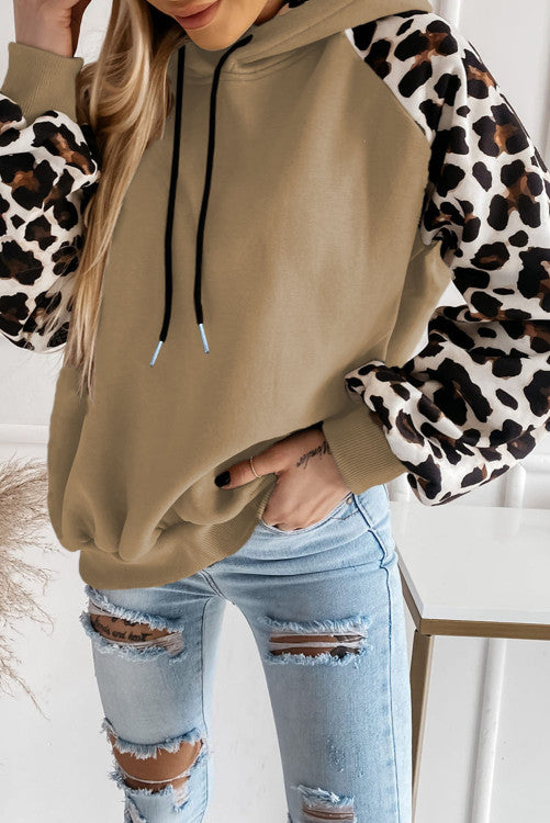 Leopard Bishop Sleeve Hooded Sweatshirt