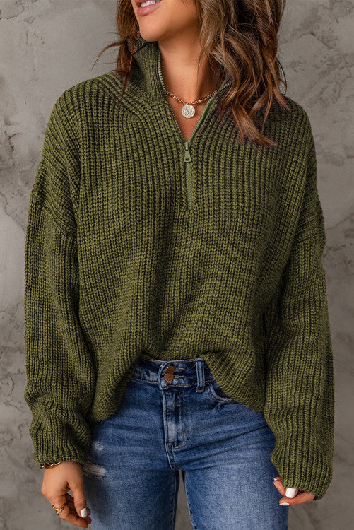 Zipped Turtleneck Drop Shoulder Knit Sweater