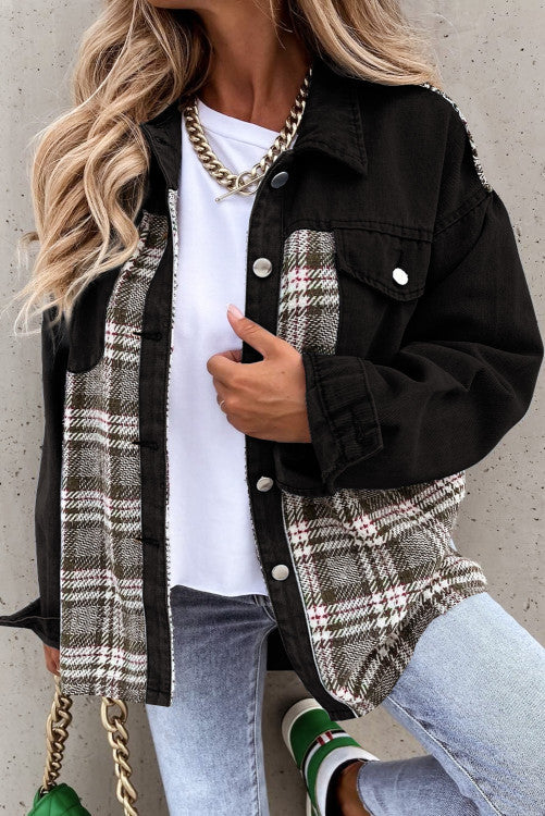 Black Plaid Patchwork Raw Hem Denim Jacket