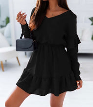 Load image into Gallery viewer, Black Ruffled V Neck Cut-out Back Dress
