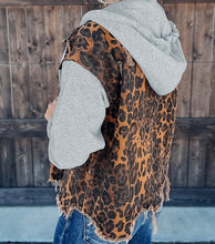 Load image into Gallery viewer, Distressed Leopard Hooded Denim Jacket
