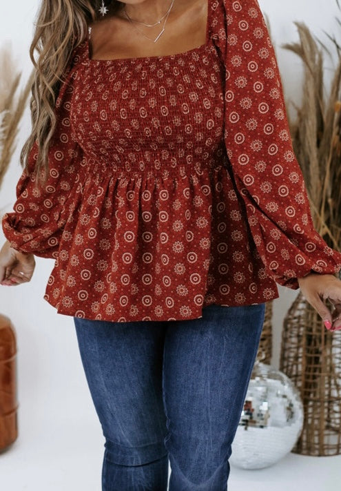 Plus Size Square Neck Printed Peplum Top