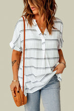 Load image into Gallery viewer, Striped Print Loose V Neck Short Sleeve Shirt with Slits
