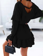 Load image into Gallery viewer, Black Ruffled V Neck Cut-out Back Dress
