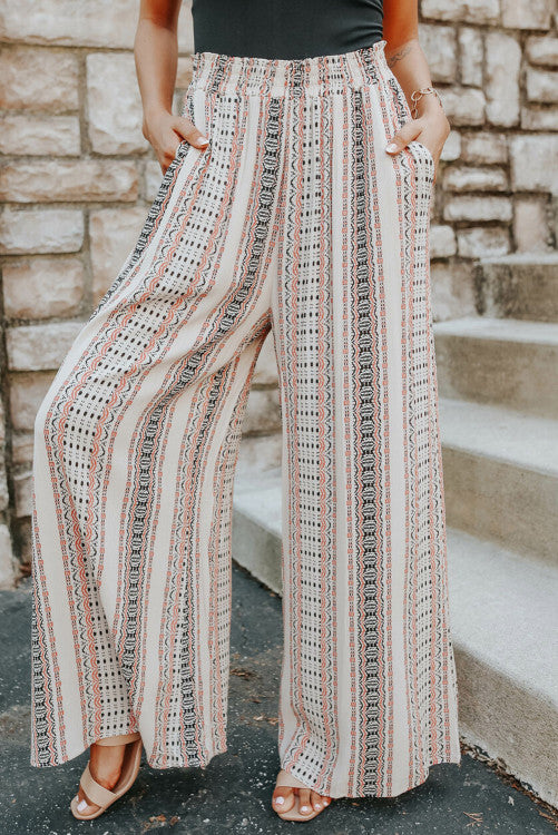 Geometric Pattern Print Shirred Wide Leg Pants