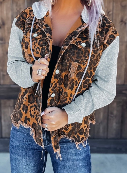 Distressed Leopard Hooded Denim Jacket