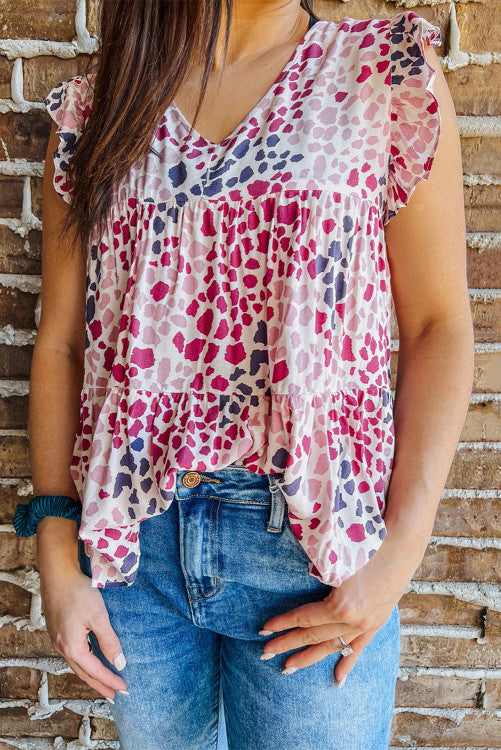 Spotted Print Ruffled V Neck Tank Top