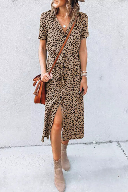 Leopard Turn-Down Collar Slit Midi Dress