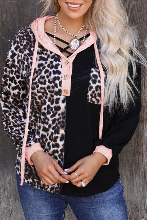 Leopard Patchwork Button Hooded Sweatshirt