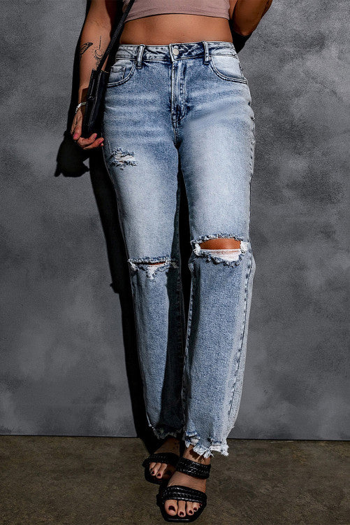 Blue Washed Ripped Wide Leg High Waist Jeans