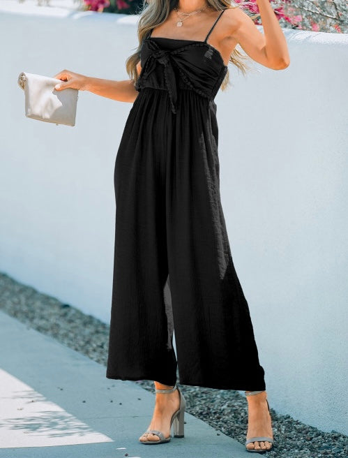 Front Knot Smocked Back Spaghetti Strap Jumpsuit
