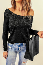 Load image into Gallery viewer, Black Rhinestone Detail Asymmetric Shoulder Top
