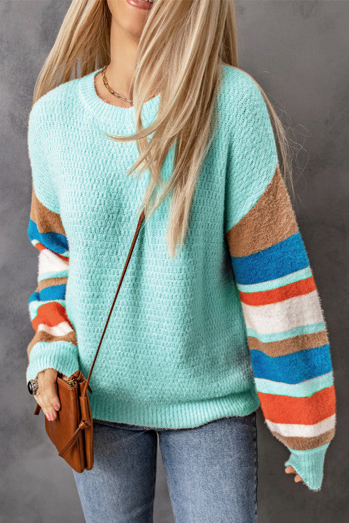 Lantern Sleeve Striped Color Block Sweater