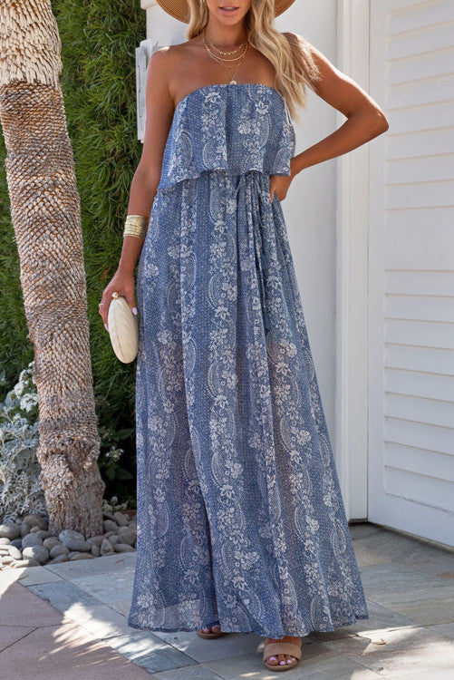 Boho Print Tassel Tie Maxi Tube Top Dress