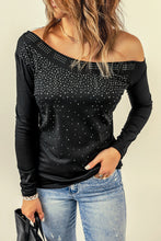 Load image into Gallery viewer, Black Rhinestone Detail Asymmetric Shoulder Top
