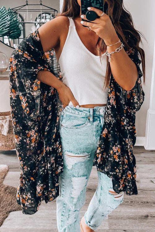 Black Dainty Floral Flowy Kimono