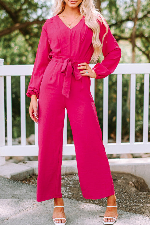 Rose Bishop Sleeve Belted Wide Leg Jumpsuit