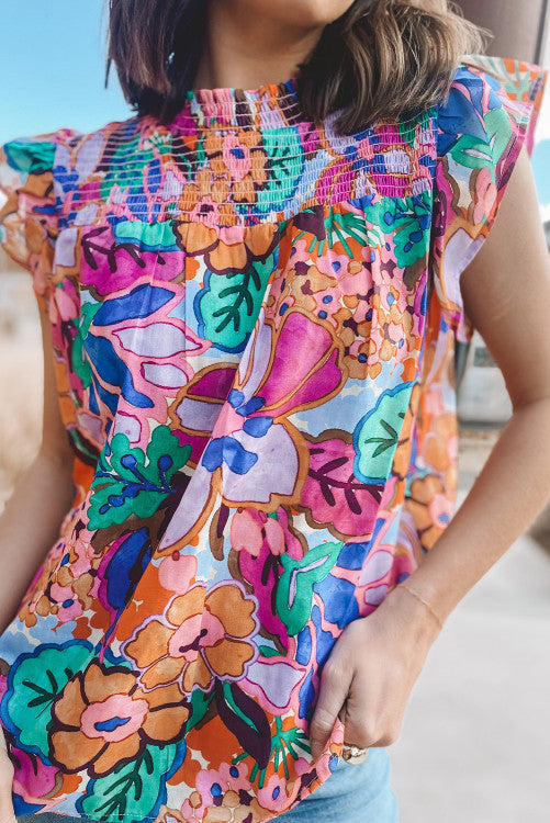 Floral Print Flutter Sleeve Smocked Neck Blouse