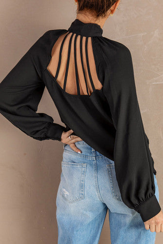Black Strappy Hollow-out Tie Neck Shirt