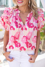 Load image into Gallery viewer, Split Neck Ruffled Puff Sleeves Floral Top
