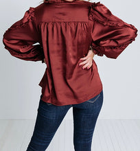 Load image into Gallery viewer, Split Neck Ruffled Satin Shirt
