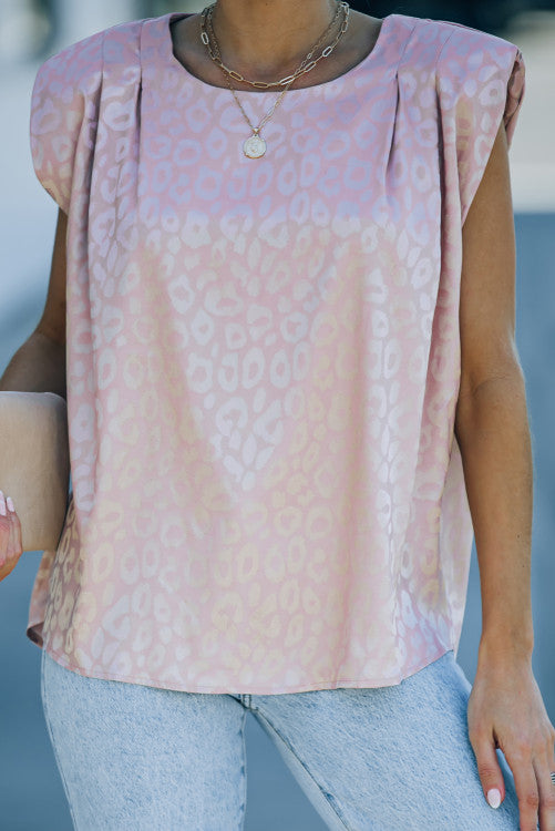 Pink Leopard Pleated Cap Sleeve Top